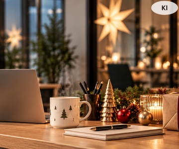 Festlich dekoriertes Büro mit Weihnachtsbaum, Lichtern und Geschenken