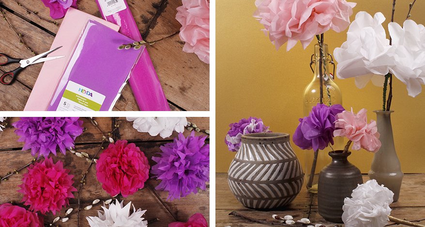 Collage aus Bildern mit Seidenpapier von Heyda, fertig gebastelten Seidenblumen und einer fertigen Tischdeko mit Seidenpapier-Blumen.