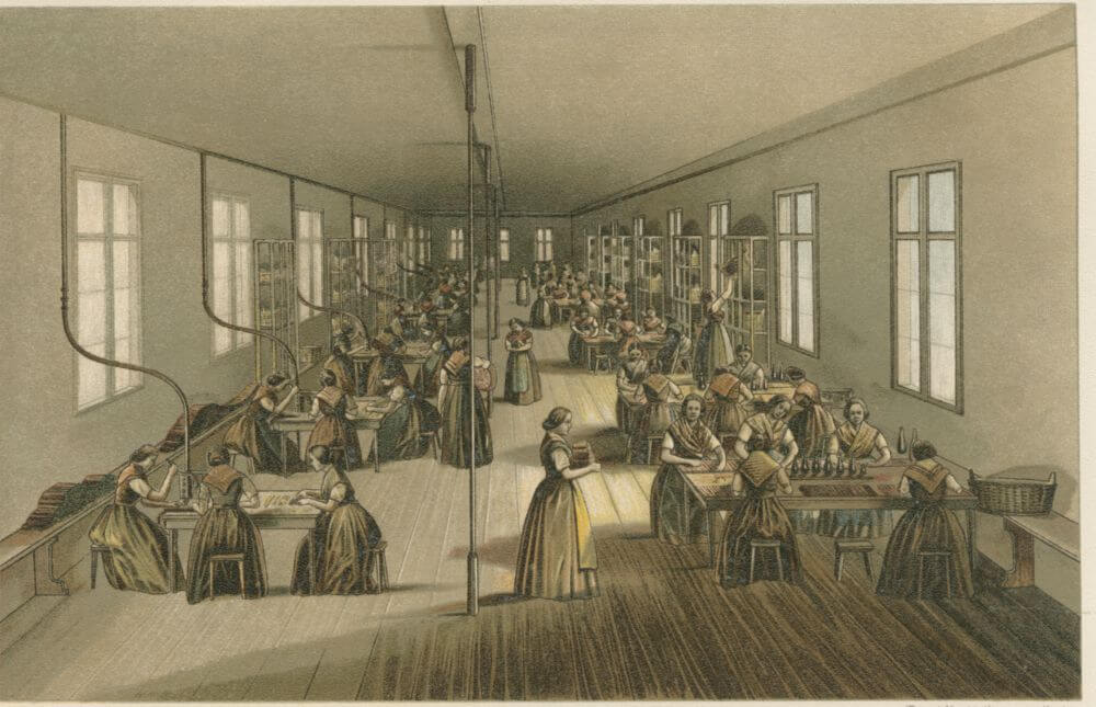 Bleistiftproduktion bei Faber-Castell 1861: Die Bleistifte werden mit Farbe und dem Firmenzeichen versehen. © Archiv Faber-Castell