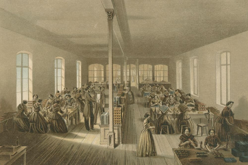 Bleistiftproduktion bei Faber-Castell 1861: Die Bleistifte werden in Einheiten verpackt und mit Etiketten versehen. © Archiv Faber-Castell