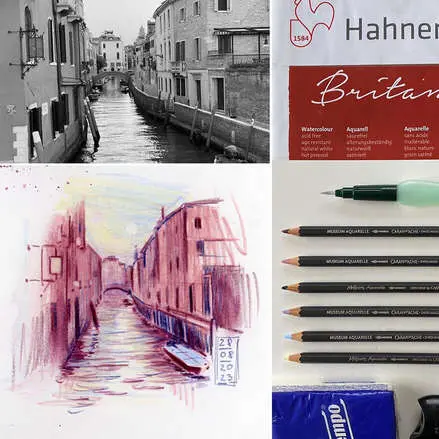 Verschiedene Venedig-Skizzen von Jens Hübner mit den passenden Künstlermaterialien und Papieren von Hahnemühle.