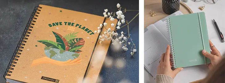 Fotocollage mit unterschiedlichen Motiven von Schülerkalendern der Marke Brunnen.