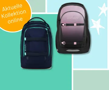 Zwei Schulrucksäcke von satch und coocazoo stehen auf mehrfarbigen Kacheln, daneben der Text „Neue Kollektion online“