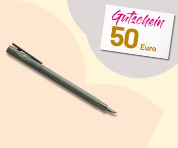 Füller und 50€ Gutschein auf beigem Hintergrund