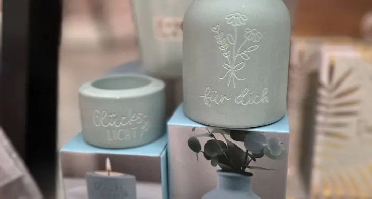 Nahaufnahme einer Vase, in die „Für dich“ eingraviert ist, dahinter ein Kerzenhalter