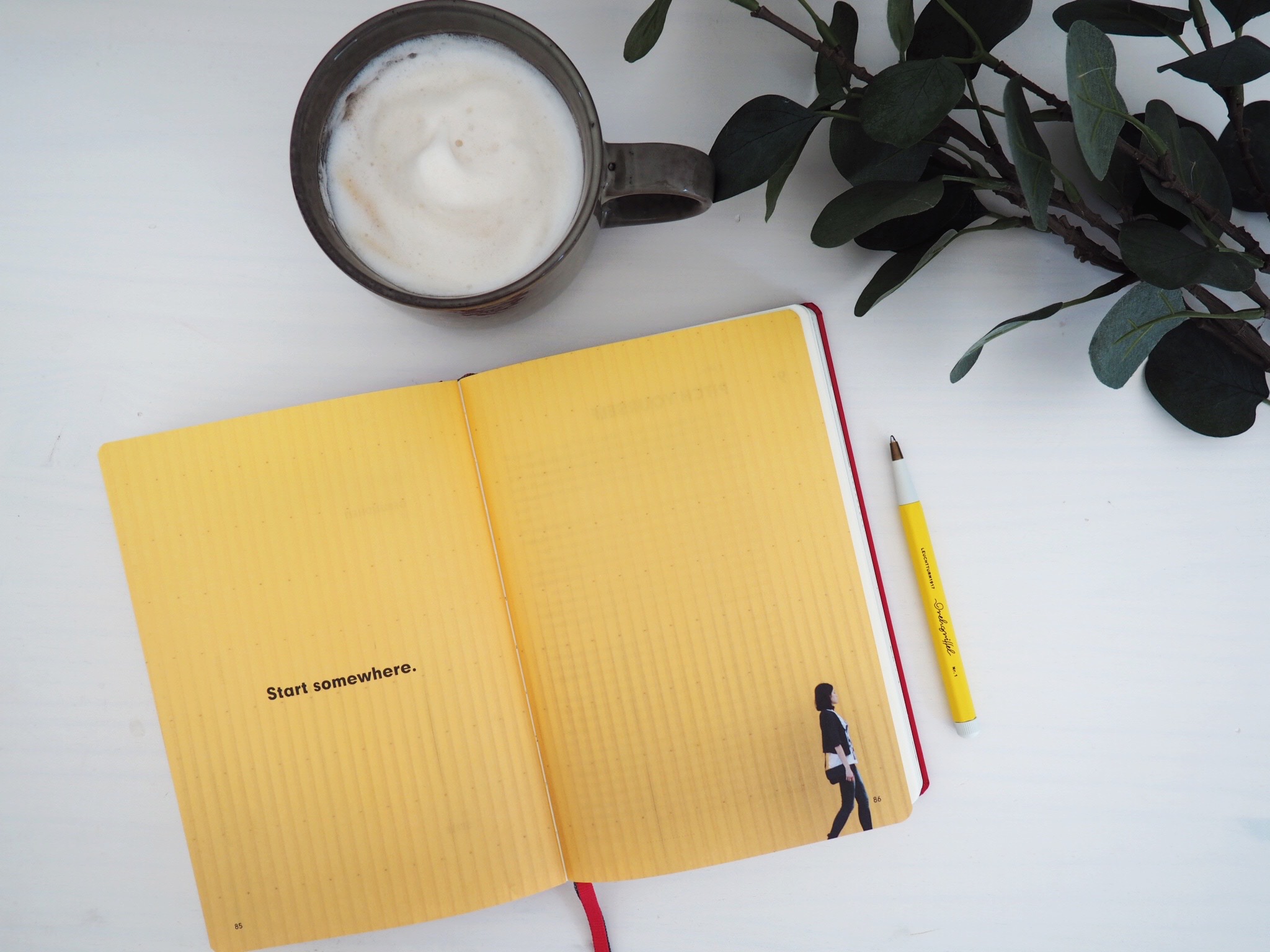 Flatlay eines aufgeschlagenen Notizbuches. Daneben liegt ein Drehgriffel der Make Leuchtturm1917 und es steht eine Tasse Kaffe auf dem Tisch.
