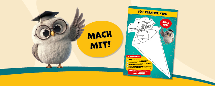 Grafik mit Eule und Abbildung Malbogen und Störer "Mach mit"
