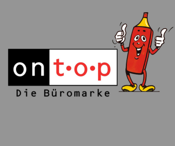 Ontop Logo und Maskottchen auf grauem Hintergrund