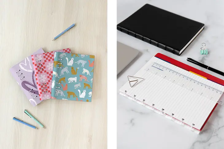 Links ist ein Foto von Clipbooks von Filofax, recht ein Foto vom Organizer Saffiano Filofax eingebunden