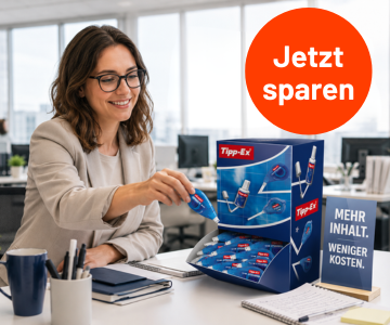 Eine Frau nimmt eine Tipp Ex Maus aus einem Großspender.