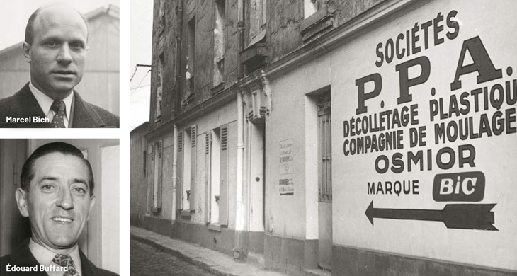 Historisches Bild der BIC-Gründer Marcel Bich und Édouard Buffard mit ihrer ersten Produktionsstätte in Frankreich. 