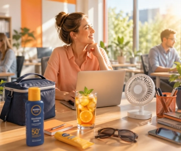 Eine Frau sitzt am Tisch mit Kühltasche, Glas, Ventilator und Sonnencreme.