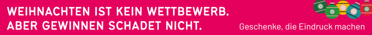 Grafik mit dem Text „Weihnachten ist kein Wettbewerb. Aber gewinnen schadet nicht. Geschenke, die Eindruck machen.“
