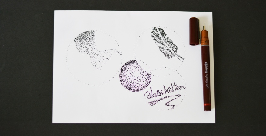 Zeichnung aus Punkten mit drei Motiven und Text „abschalten“