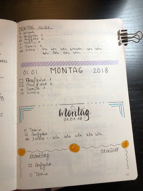 Daily Log Seite in einem Bullet Journal. 