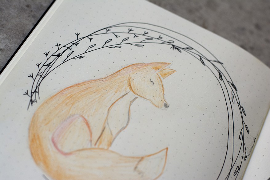 Detailaufnahme eines Fuchs, der in ein Bullet Journal gemalt wurde.