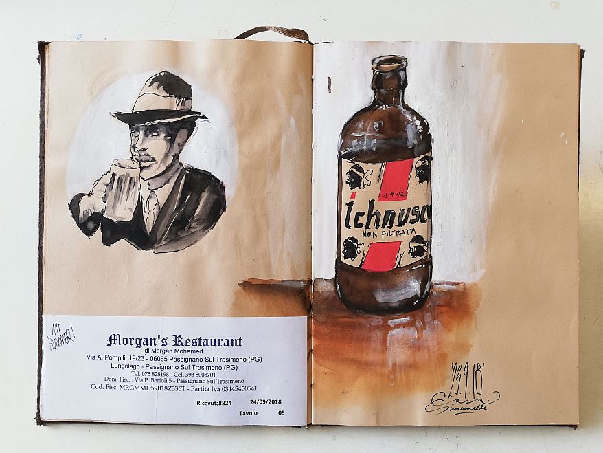 Zeichnung einer Bierflasche und eines Mannes im Skizzenbuch