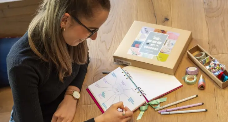 Eine junge Frau gestaltet einen Habit Tracker in einem Bullet Journal von Filofax