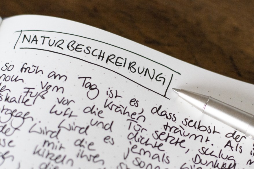 Nahaufnahme eines Notizbuchs mit dem Titel „Naturbeschreibung