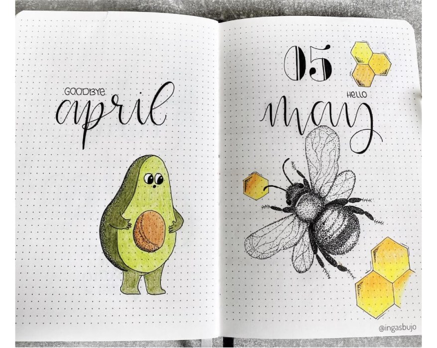Blick in einen Bullet Planner, in den mit der Zeichentechnik Dotwork eine Avocado und eine Biene gezeichnet wurde.