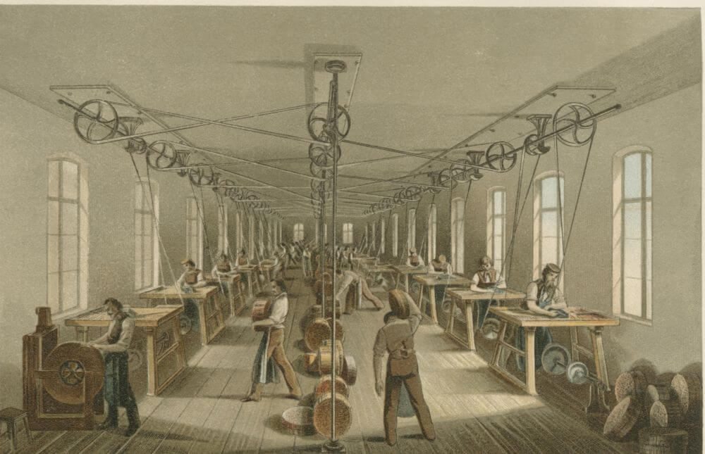 Bleistiftproduktion bei Faber-Castell 1861: Die Bleistifte werden in runde, ovale dreieckige, viereckige oder sechseckige Formen gehobelt. © Archiv Faber-Castell