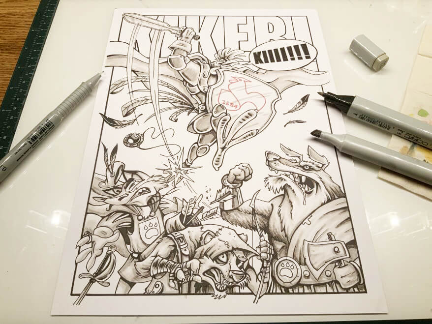 Nahaufnahme einer Illustration im Comicstil in schwarz weiß. Motiv: Ein Hahn in Rüstung springt über Gegner hinweg. Drumherum liegen Stifte zum Zeichnen.