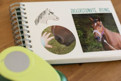 Ein Trostalbum für Kindergartenkinder: Zwei Fotos von einem Pferd sind in das Fotoalbum Mini Mucho von Semikolon eingeklebt, darüber steht geschrieben "Zuckerschnute Rising"