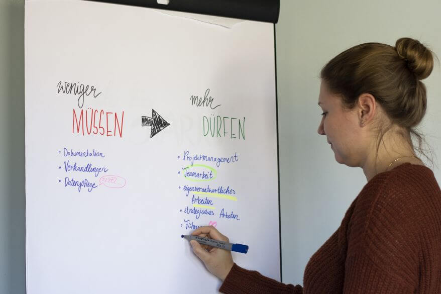 Eine Frau beschreibt mit dem Flipchartmarker Lumocolor von Staedtler ein Flipchartpapier mit "Weniger Müssen, mehr drüfen": Darunter listet sie einzelnen Punkte auf.