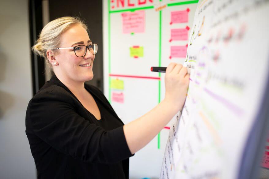 Businesscoach Nadine Kügeler schreibt etwas auf ein Flipchart.