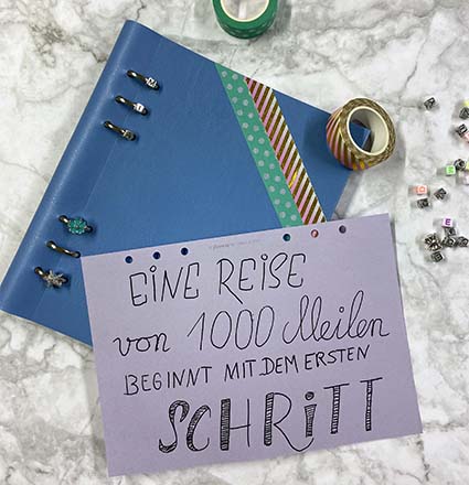 Auf einem lila Blatt steht ein gelettertes Zitat von Laotse. Im Hintergrund liegen ein beklebtes Notizbuch der Marke Filofaxs sowie einige Charms und Washitapes. 