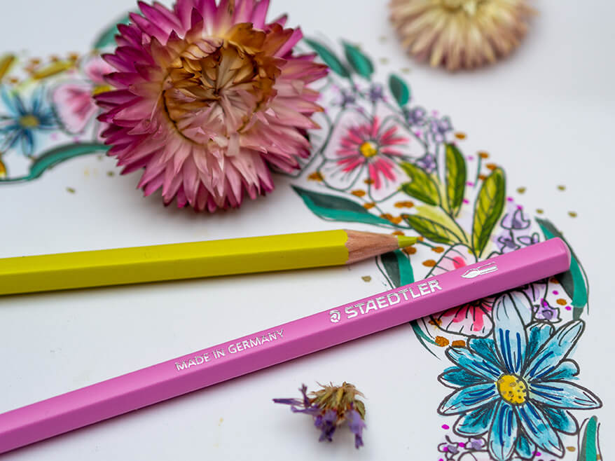 Ein hellgrüner und ein rosa Buntstift von Staedtler liegen auf einer Aquarellzeichnung eines bunten Blumenkranzes. Drumherum sind ein paar Trockenblumen verteilt. Foto: Johanna Rundel