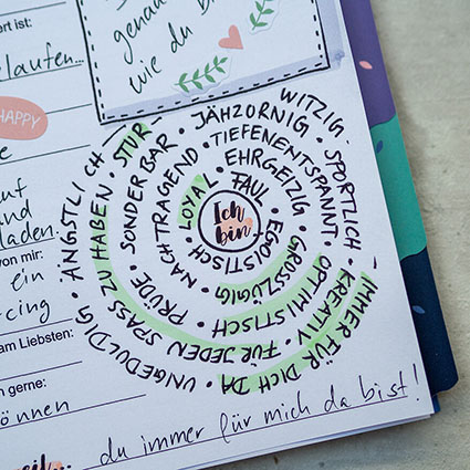 Auf einem hellgrauen Untergrund liegt ein aufgeschlagenes Clipbook von Filofax. Auf der Seite ist ein Teil eines Freundebuches für Erwachsene zu sehen: Eine Wörterschnecke mit verschiedenen Adjektiven. In der Mitte steht: "Ich bin…." Einige Wörter sind hellgrün angestrichen. Foto: Johanna Rundel