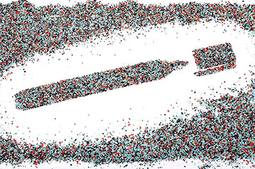 Aus buntem Plastikgranulat wurde ein edding Marker auf einen weißen Untergrund gelegt. Er liegt in einem freien Oval. Außenherum ist die gesamte Fläche mit Granulat bedeckt.