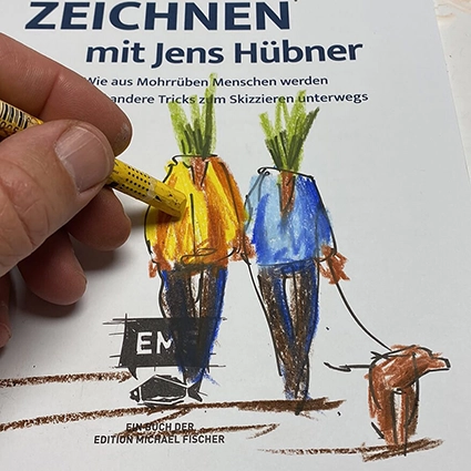 Cover des Buches „Menschen Zeichnen mit Jens Hübner“ auf dem zwei menschliche Figuren aus Karotten skizziert wurden.