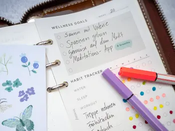 Ein Filofax-Planer liegt aufgeschlagen auf dem Tisch, es ist ein aufgefüllter Wellness-Tracker zu sehen. Foto: Johanna Rundel