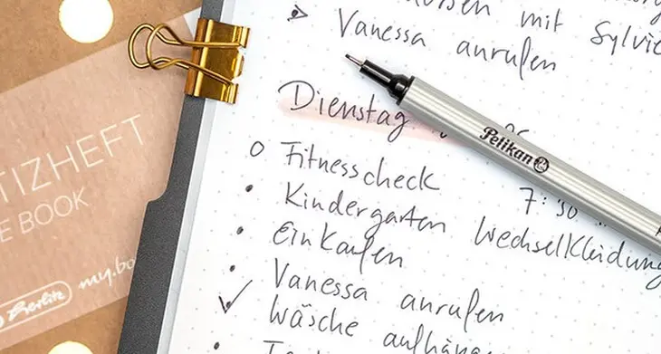 Ein schwarzer Fineliner von Pelikan liegt auf einem Notizheft von herlitz in dem ein daily log mit der rapid logging Methode eingetragen wurde. Foto: Johanna Rundel