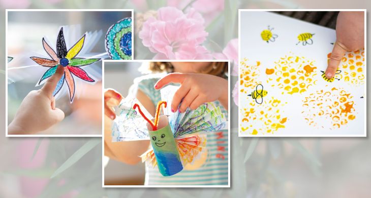 Collage mit Fotos drei sommerlicher Bastelideen mit Kindern.