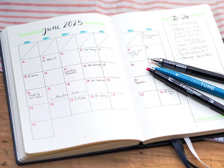 Ein aufgeschlagenes Bullet Journal, auf der Doppelseite ist ein monthly log in Kalender-Ansicht angelegt. Verschiede Stifte von Tombow liegen zur Gestaltung bereit. Foto: Johanna Rundel