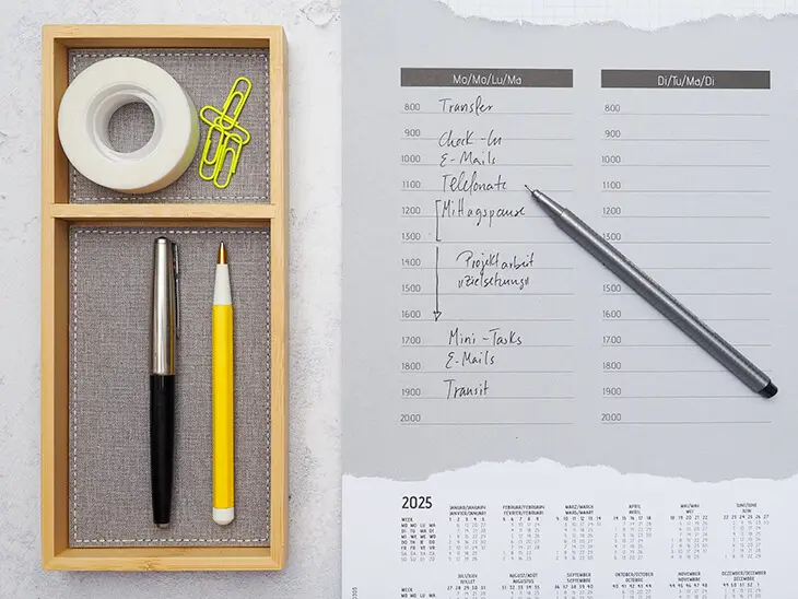 Neben einer Schreibtischunterlage von Sigel steht eine Stiftablage aus Holz. Foto: Johanna Rundel