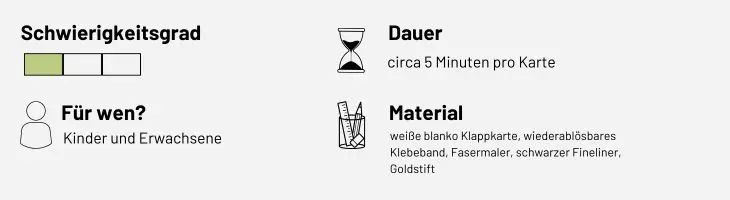Infografik „Weihnachtskarte mit Kindern basteln“ zu Schwierigkeitsgrad, Für wen, Dauer, Material