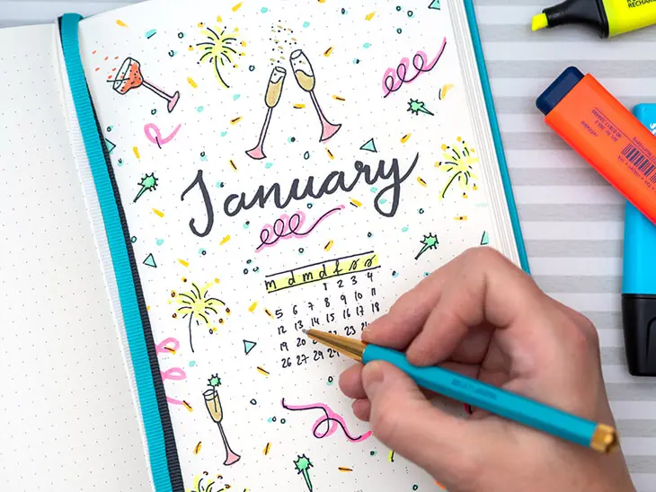 LEUCHTTURM1917 Bullet Journal mit Januar Deckblatt „Silvesterdoodles“. Foto: Johanna Rundel)