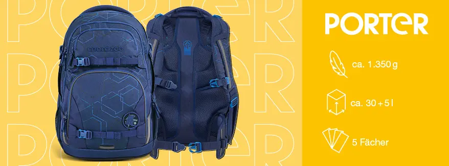 Der Schulrucksack coocazoo PORTER ist von vorne und von hinten abgebildet, daneben die Angaben 1.350 gr, 30 l + 5 l und 5 Fächer.
