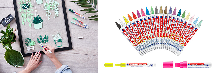 Zweigeteiltes Bild, links malt jemand Kräutertöpfe auf eine Glasscheibe, rechts viele bunte Kreide - und Chalkmarker aufgefächert.