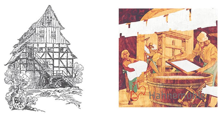 Historische Zeichnungen und Illustrationen von der Papierherstellung von Hahnemühle.