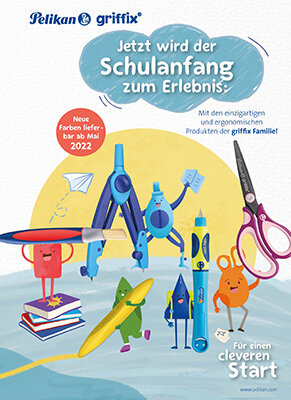 Deckblatt eines Prospekts von Pelikan zu der Schreiblernserie Griffix: Zu sehen sind ein Zirkel, eine Schere und verschiedene Stifte der Griffix-Serie, die von kleinen, illustrierten Figuren gehalten werden. Darüber steht ihm Titel "Jetzt wird der Schulanfang zum Erlebnis" und weitere textliche Infos.