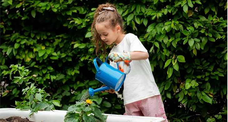 Ein Mädchen hält eine blaue Gießkanne in der Hand und gießt Blumen in einem Beet.