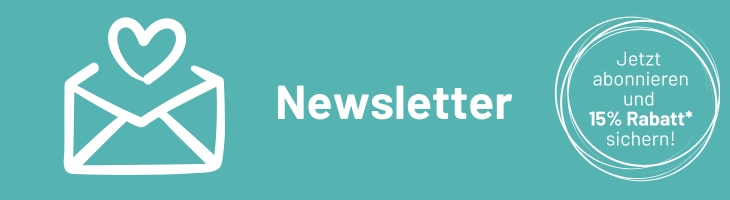 Weißer Brief-Icon mit Herz und Text „Unser Newsletter – Jetzt abonnieren!“