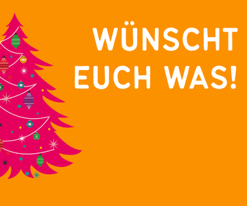 Pinker Weihnachtsbaum auf orangem Hintergrund und Text "Wünscht euch was".