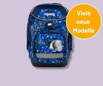Ein Schulranzen von ergobag mit Störer "Viele neue Motive" auf lila Hintergrund.