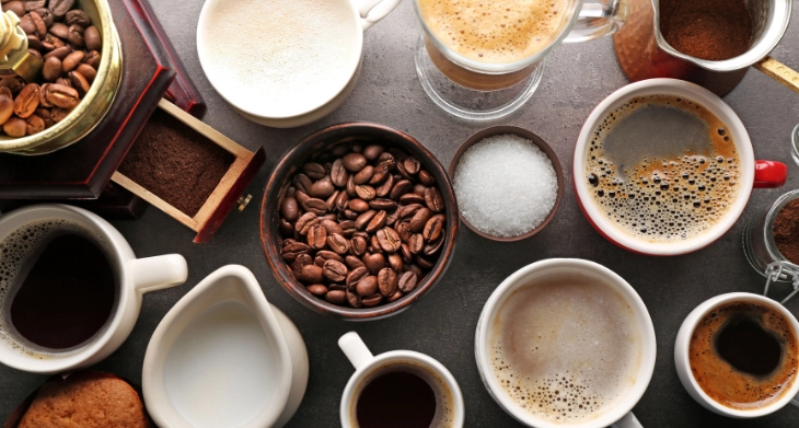 Kaffeetassen, Bohnen, Milch und Zucker in bunter Vielfalt